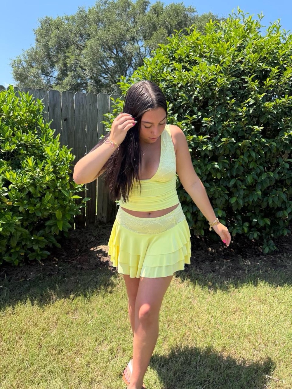 Lemon Yellow Lace Trim Tank and Ruffle Skirt Set
